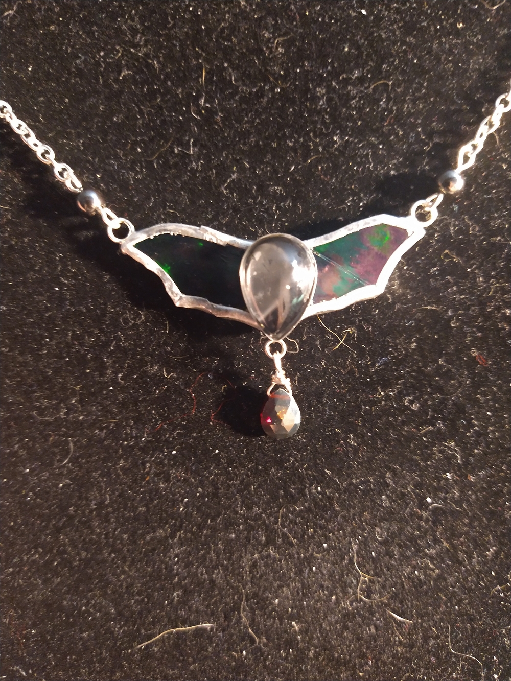 Iridescent Stained Glass Bat Necklace with Almandine Garnet - Black/Green